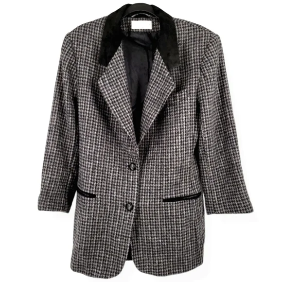 VINTAGE CASUAL CORNER Houndstooth Tweed Blazer Grey - Picture 1 of 17